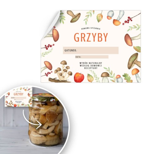 Etykiety na grzyby suszone, marynowane, w zalewie bimberek