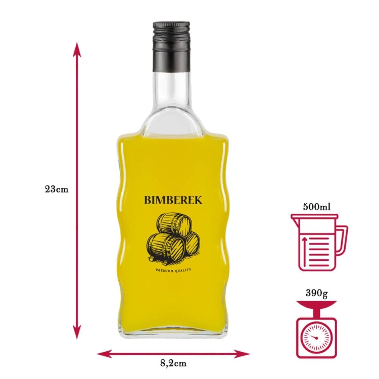 Butelka Fala 500 ml z zakrętką 28 mm, nadruk "BIMBEREK Premium Quality" z beczkami Wymiary