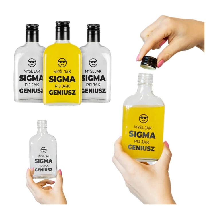 butelka piersiówka 200ml z nadrukiem mysl jak sigma pij jak geniusz zestaw