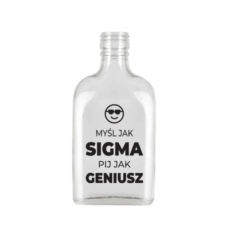 Oryginalna szklana piersiówka 200ml z nadrukiem mysl jak sigma pij jak geniusz