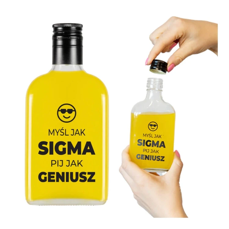 ozdobna butelka piersiówka 200ml z nadrukiem mysl jak sigma pij jak geniusz