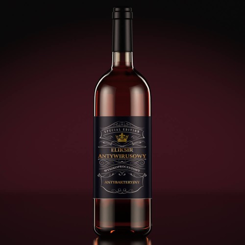 Butelka wino eliksir antywirusowy etykieta bimberek