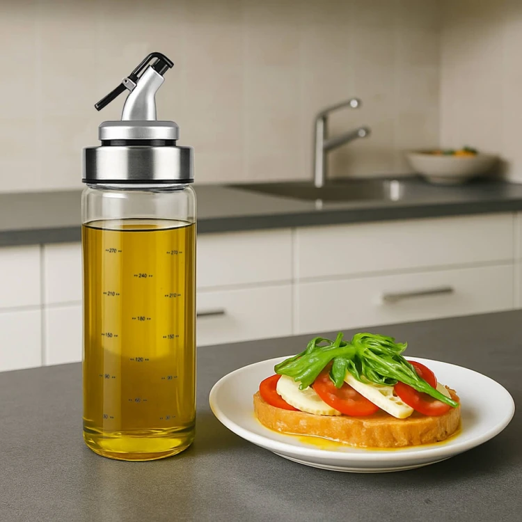 stylowy Szklany dozownik z podziałką 300 ml na olej, oiwe, sos, ocet Bimberek