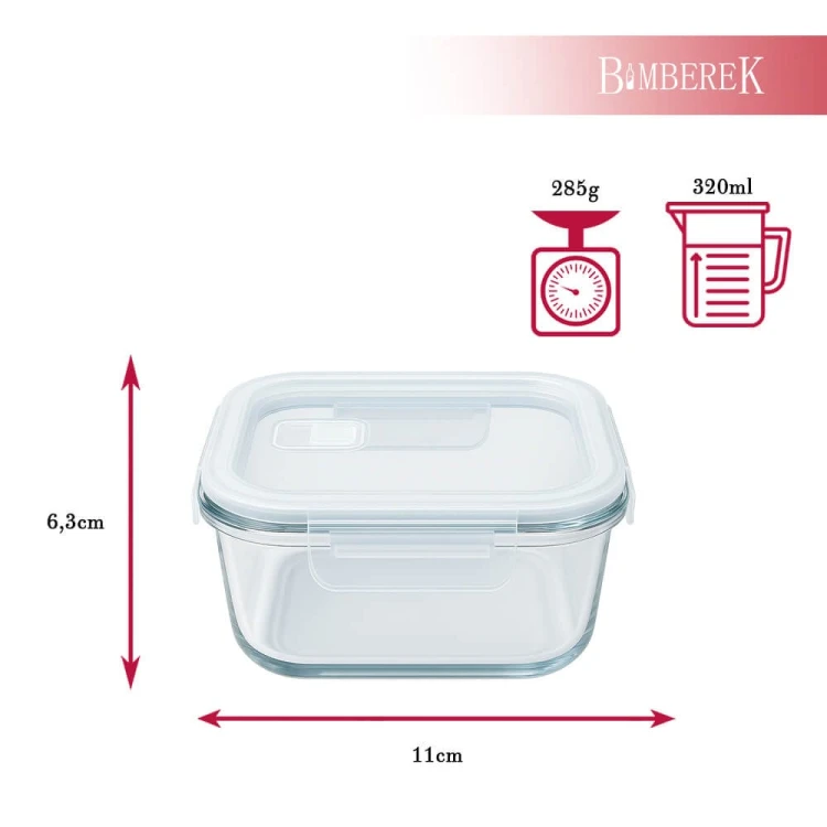 Szklany lunchbox 320ml kwadrat Bimberek wymiary