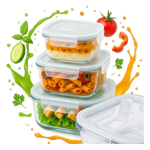 Szklany lunchbox zestaw trzech pojemnosci kwadratowe Bimberek