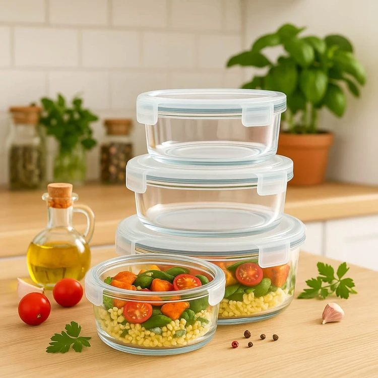 Szklany okragly lunchbox Bimberek szklany pojemnik na zywnosc zestaw hurt