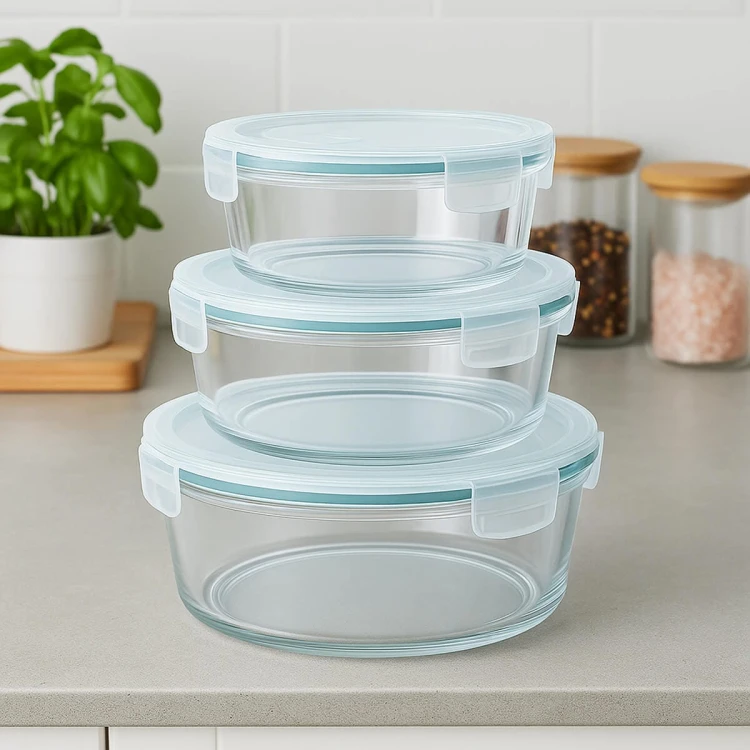 Szklany okragly lunchbox Bimberek szklany pojemnik na zywnosc zestaw trzy sztuki