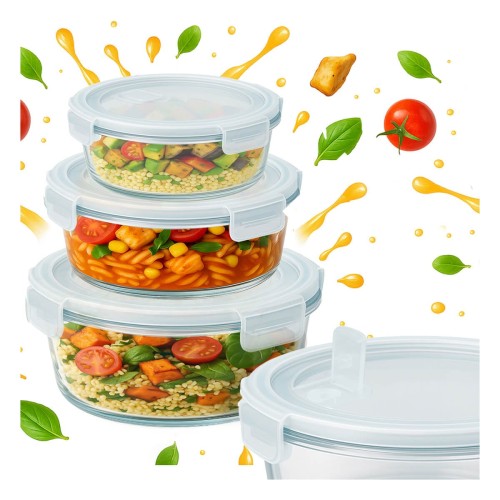 Szklany okragly lunchbox Bimberek szklany pojemnik na zywnosc zestaw trzech