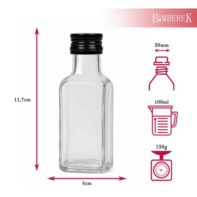 Mała, kwadratowa, szklana butelka Quadra 100ml Bimberek wymiary