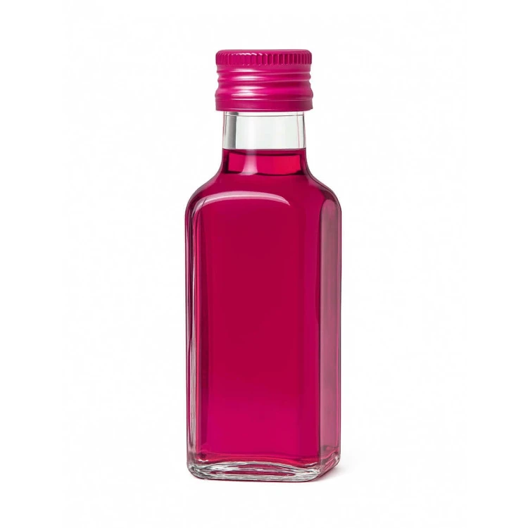Mała, kwadratowa, szklana butelka Quadra 100ml Bimberek malinowka