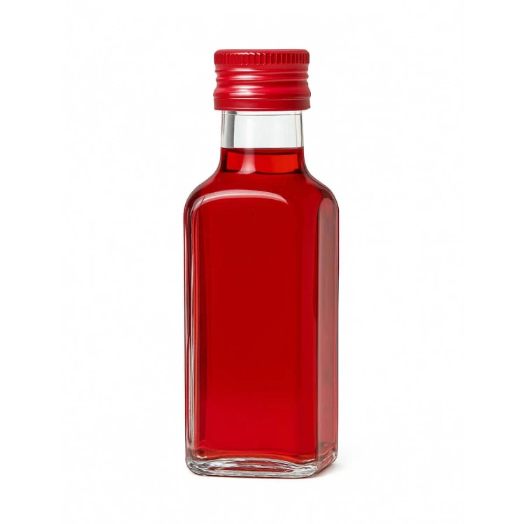 Mała, kwadratowa, szklana butelka Quadra 100ml Bimberek truskawkoak