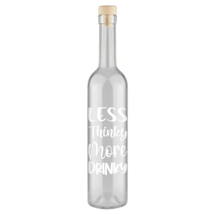 Szklana Butelka z napisem less thinky more drinky Bimberek