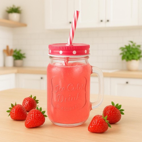 sloik Kubek szklany z uchem na 450ml z rurka na lemoniade bimberek rozowy