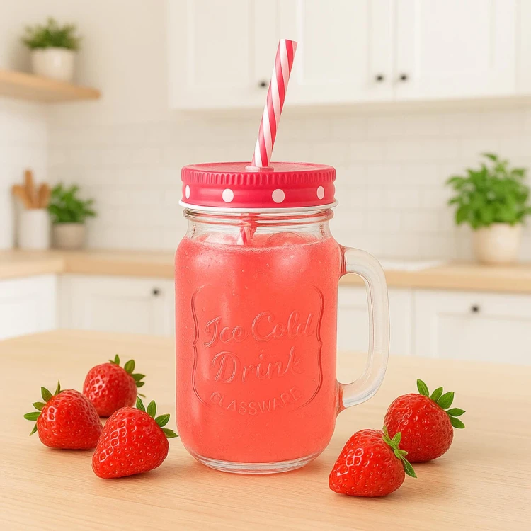 sloik Kubek szklany z uchem na 450ml z rurka na lemoniade bimberek rozowy