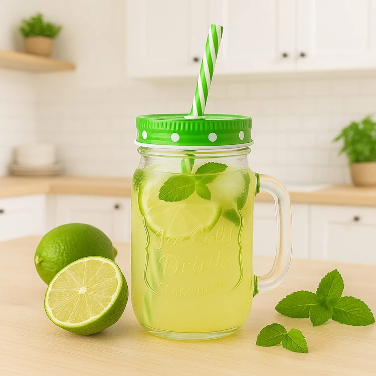 sloik Kubek szklany z uchem na 450ml z rurka na lemoniade bimberek zielony