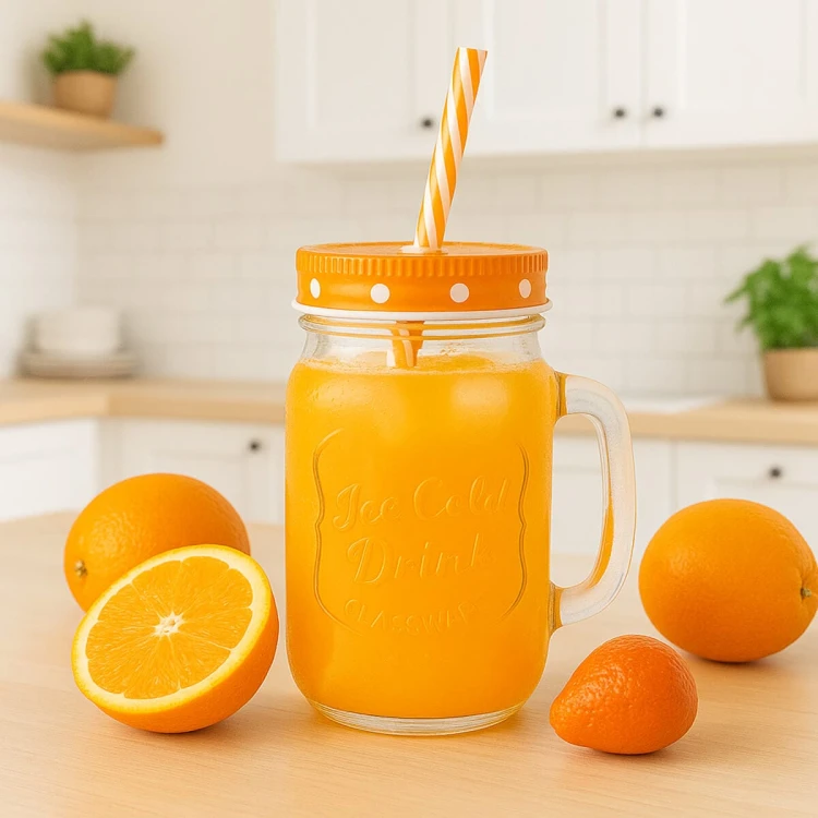 sloik Kubek szklany z uchem na 450ml z rurka na lemoniade bimberek pomaranczowy