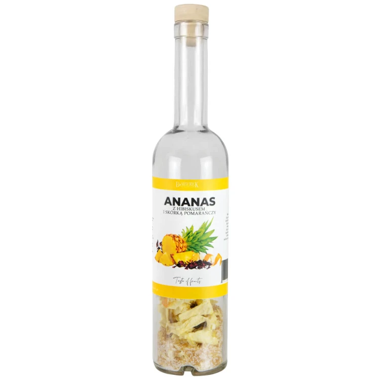 Butelka zaprawka owoce liofilizowane bimberek Ananas z hibiskusem i pomarancza
