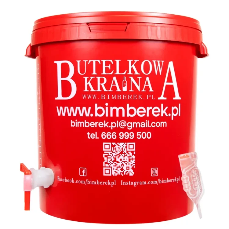 pojemnik fermentacyjny czerwony z rurka fermentacyjna i kranem bimberek