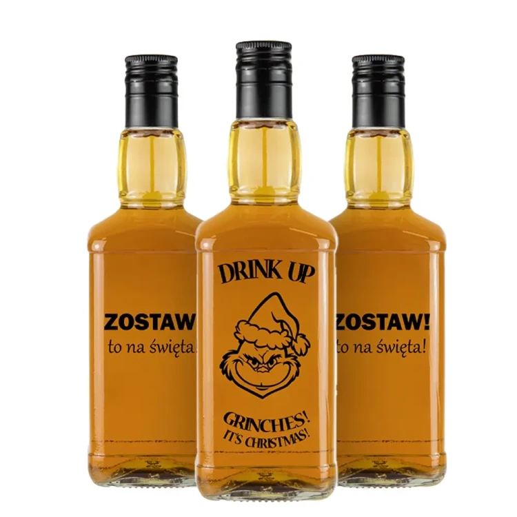 szklana butelka na whisky daniels z nadrukiem na swieta bimberek