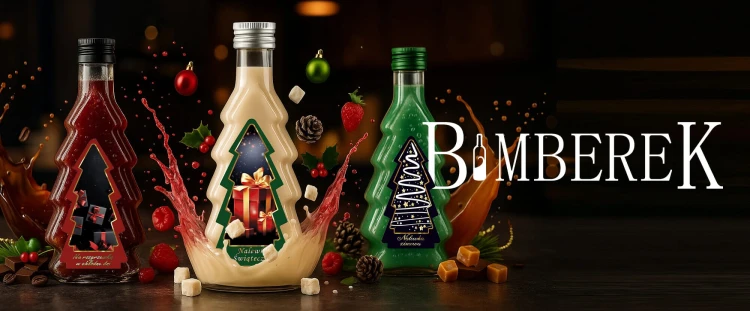 szklana butelka choinka 250ml z etykieta swiateczna bimberek