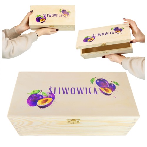 drewniana skrzynka na sliwowice z nadrukiem bimberek sklep