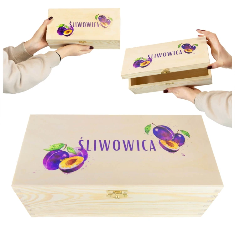 drewniana skrzynka na sliwowice z nadrukiem bimberek sklep