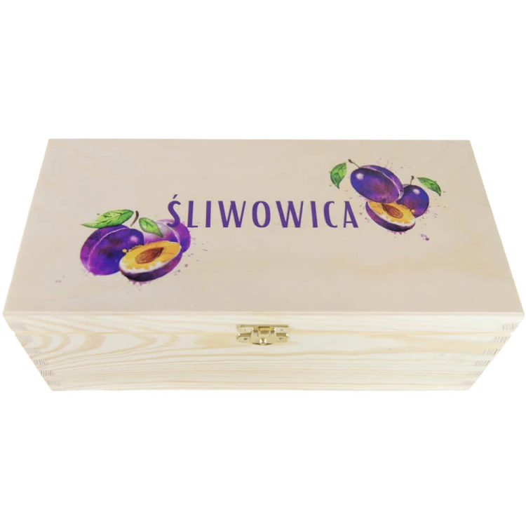 drewniana skrzynka na sliwowice z nadrukiem bimberek
