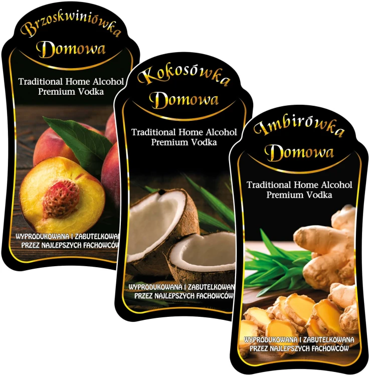 premium kokosowka, imbirowka, brzoskwiniowka etykiety premium