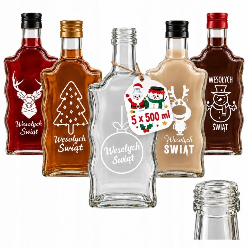 Butelki świąteczne Fala 500 ml z nadrukiem – zestaw 5 szt.