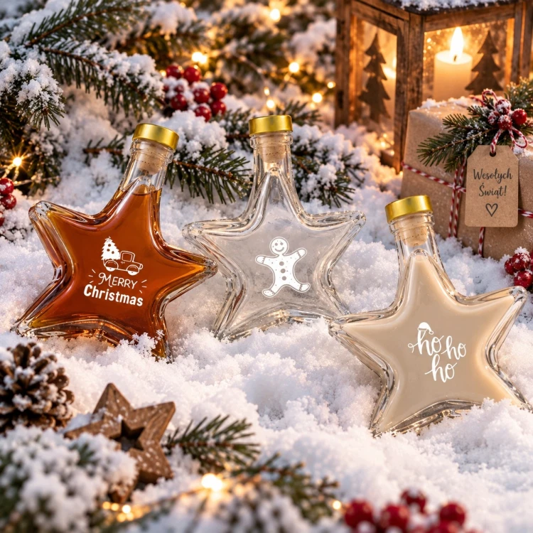 Butelki świąteczne Gwiazda 200 ml z nadrukiem – zestaw 5 szt.