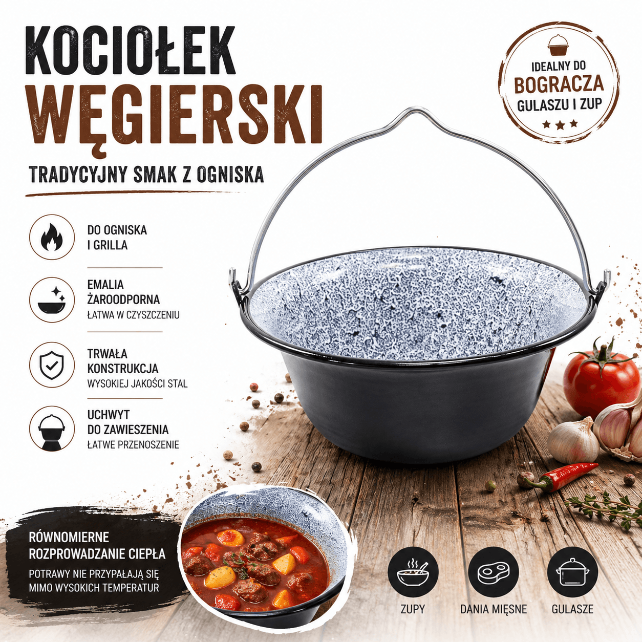Kociołki emaliowane węgierskie do gotowania na ognisku